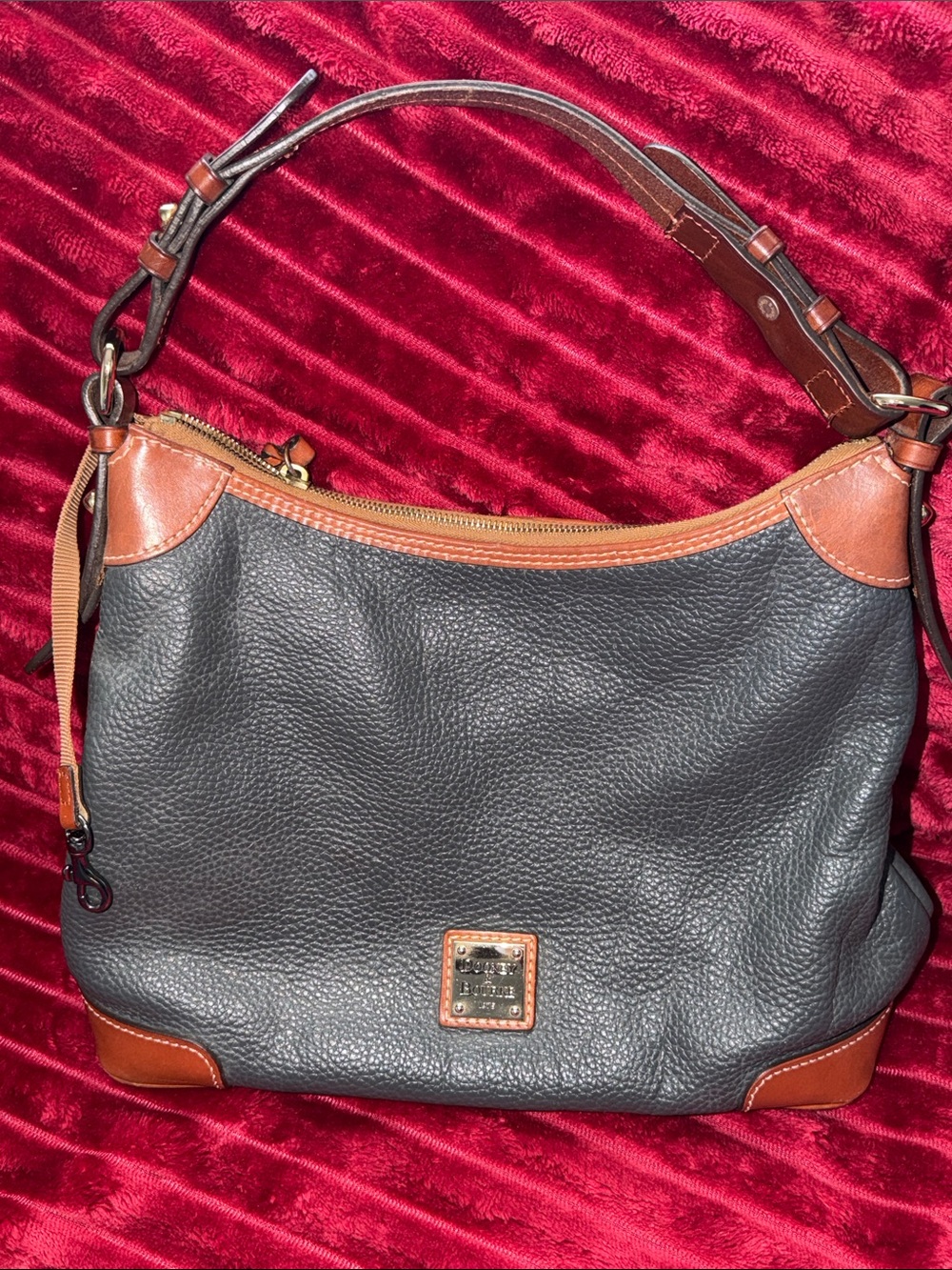 Dooney & Bourke Dark Grey Pebbled Leather Shoulder Bag with Brown Trim